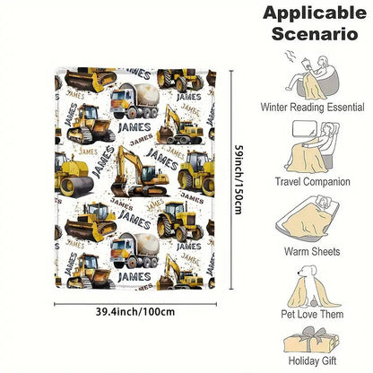 Personalized Fleece Throw Blanket Cute Excavator, Engineering Vehicle