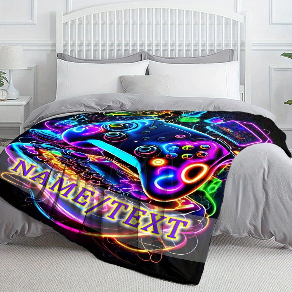 Customizable Gamer's Flannel Blanket with Vibrant Neon Gamepad Design