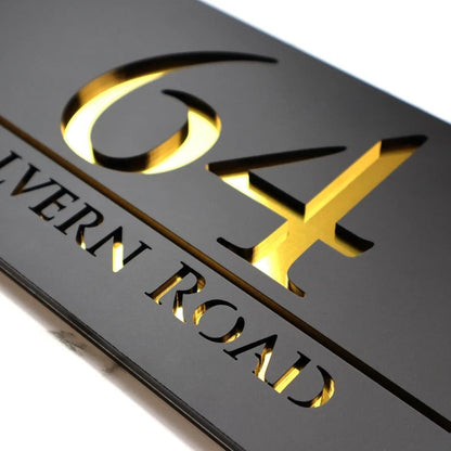 Laser Cut Matt Black & Gold Mirror Floating House Sign Door Address Laser Number Plaques