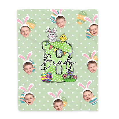 Personalized Colorful Polka Dot Bunny Chick Initial Face Photos Easter Blanket Gift for Kids