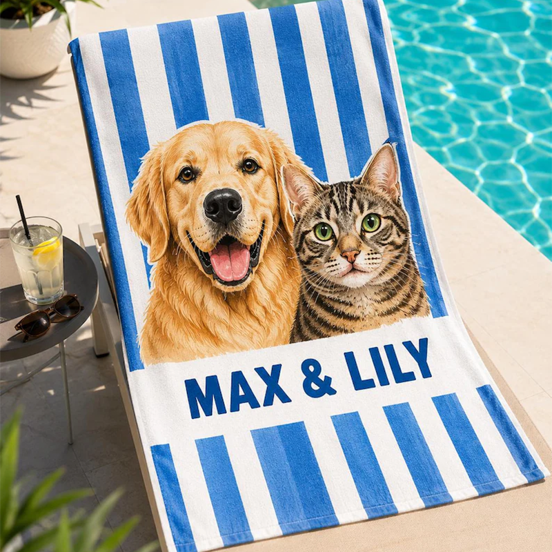 Personalized Pet Photo Beach Towel, Custom Dog Portrait Towel, Pet Memorial Gift