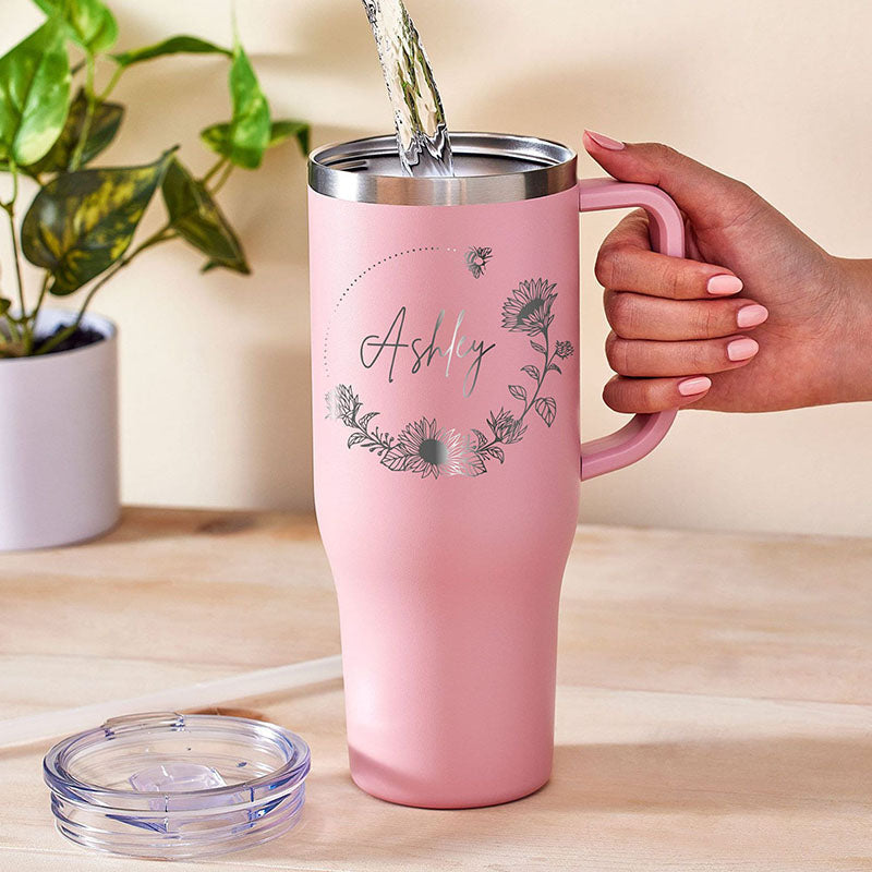 Personalized 40oz Tumbler With Handle, Lid and Straw, Stainless Steel Engraved Tumbler