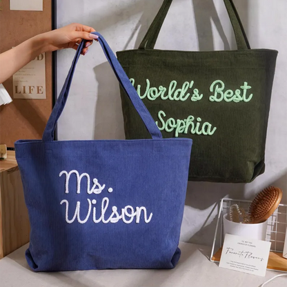 Personalized Corduroy Teacher Tote Bag,Hand Crochet Name Zipper bag