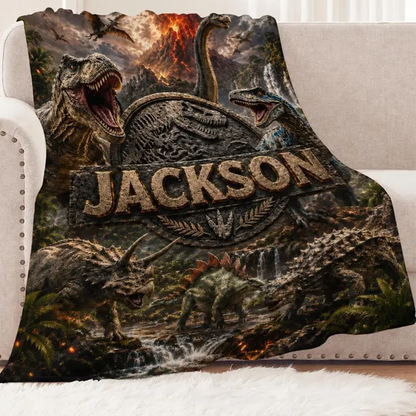 Personalized Dinosaur Blanket Custom Jurassic Flannel Throw T-Rex Kids Name Blanket