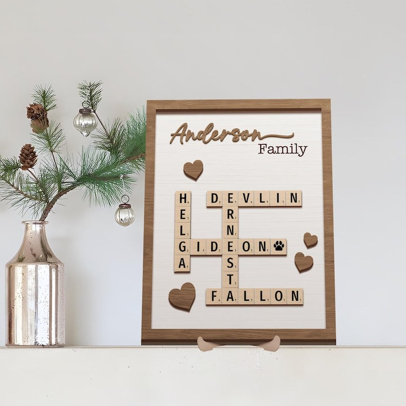 Personalized Scrabble Puzzle Sign, Grandkids Crossword Scrabble Wooden Sign