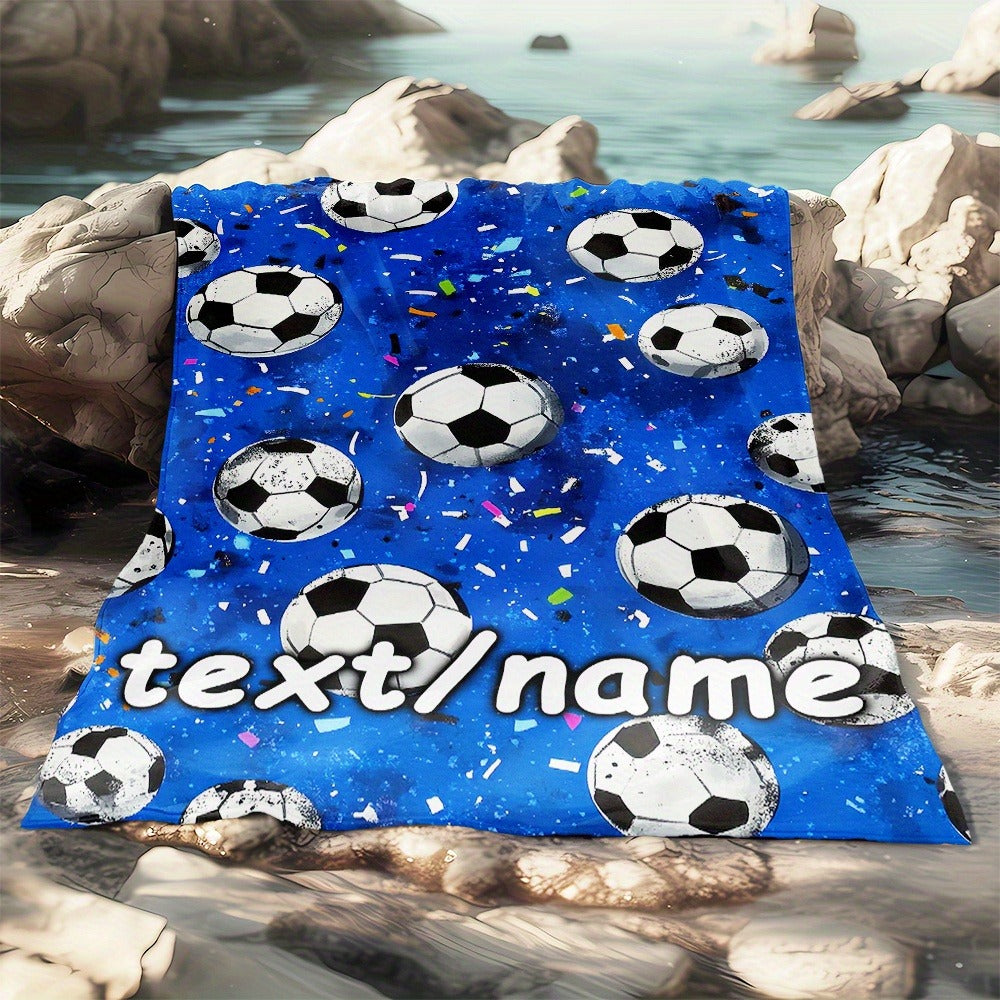Custom Name Football Blanket - Lightweight Flannel Throw with Soccer Ball & Confetti Print