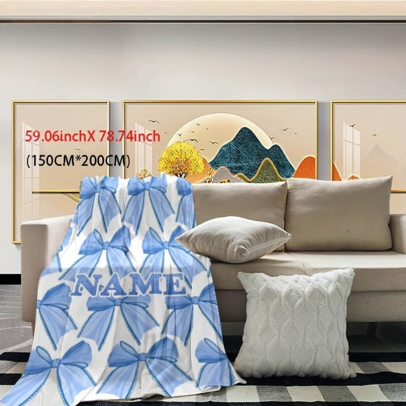 Customizable Name Light Blue Bowknot Pattern Flannel Fleece Blanket