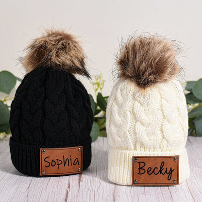 Leather Patch Beanies Kid Knitted Hat,Child & Adult