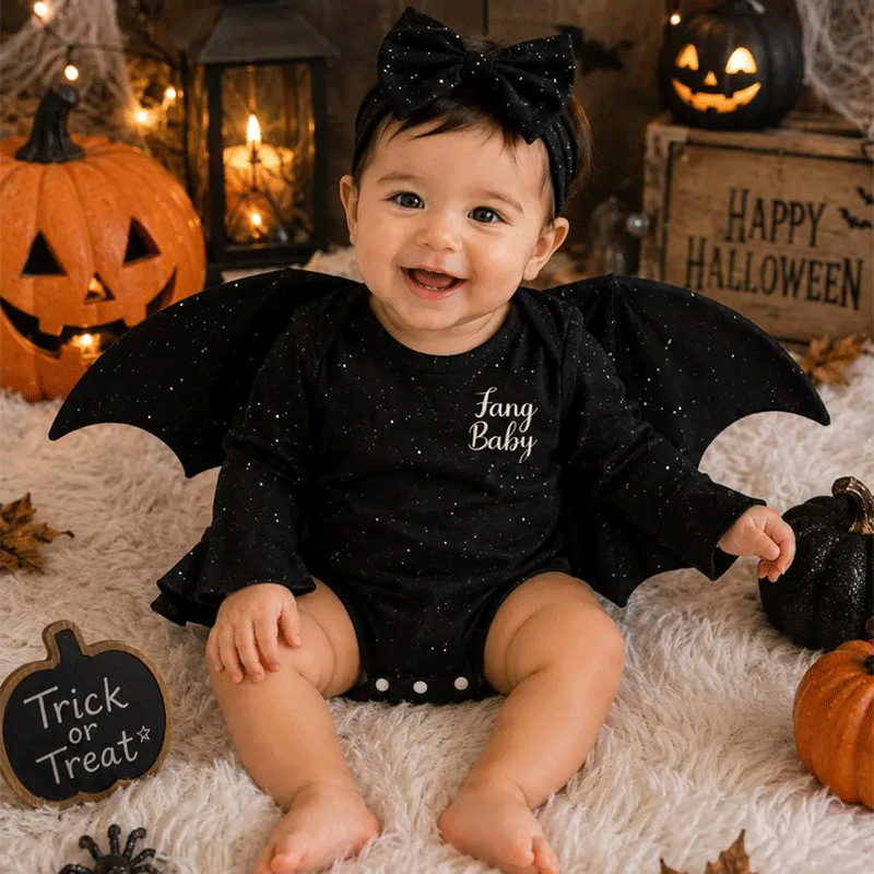 Glitter Batwing Romper: Custom Baby Girl Halloween Costume with Headband