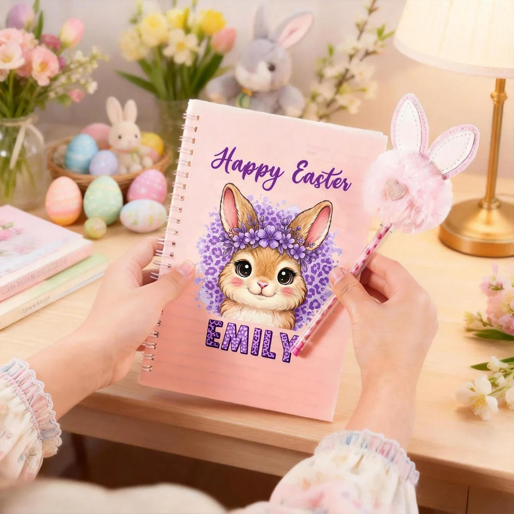 Personalized Happy Easter Cute Rabbit Leopard Print A5 Spiral Notebook