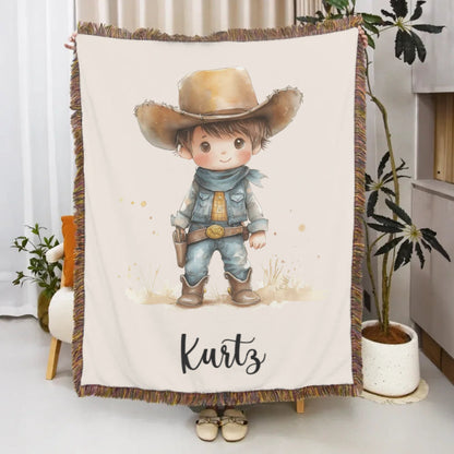 Personalized Cartoon Cowboy Tassel Blanket with Name