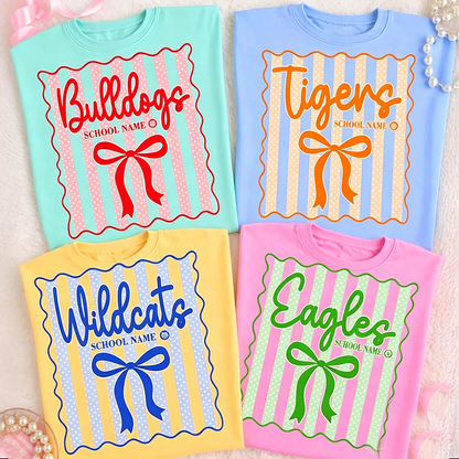 Custom School Name Mascot Shirt , Polka Dot Coquette Bow Shirt Design