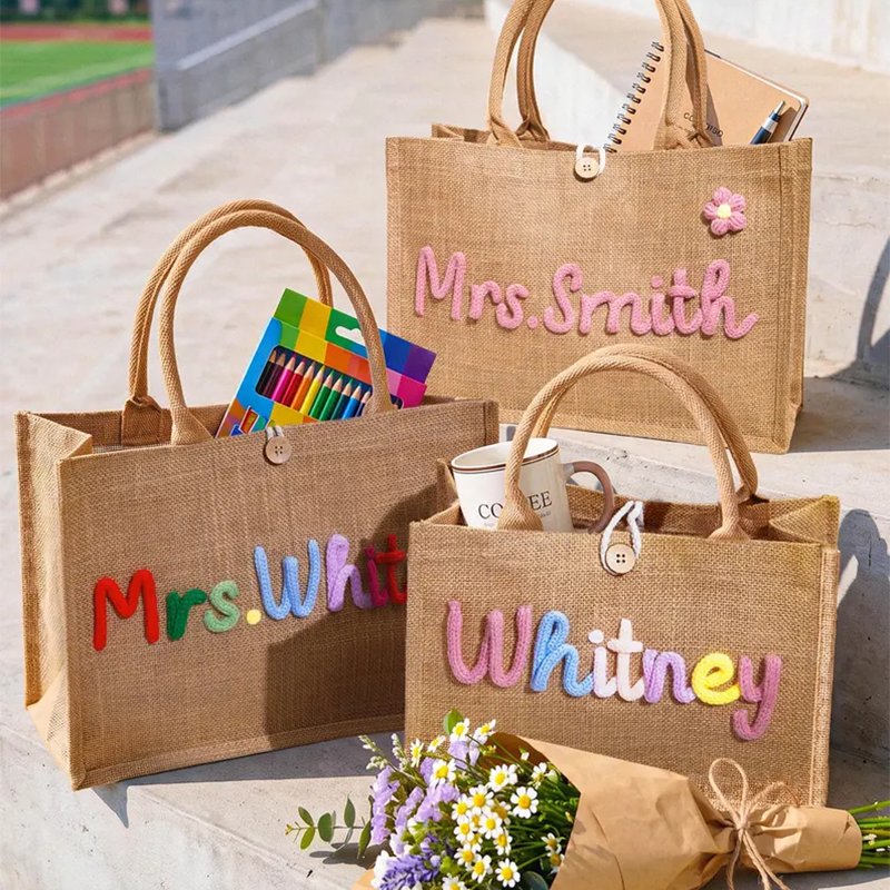Personalized Burlap Teacher Tote Bag,Custom Crochet Name Tote Bag