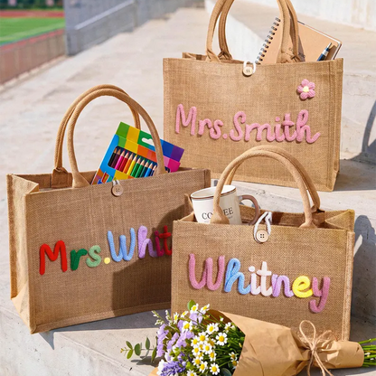 Personalized Burlap Teacher Tote Bag,Custom Crochet Name Tote Bag