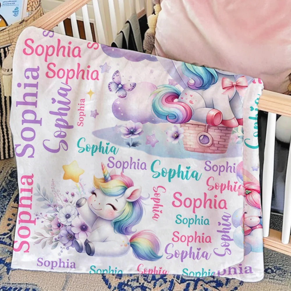 Personalized Cute Stars Rainbow Fantasy Unicorn Soft Throw Blanket with Name