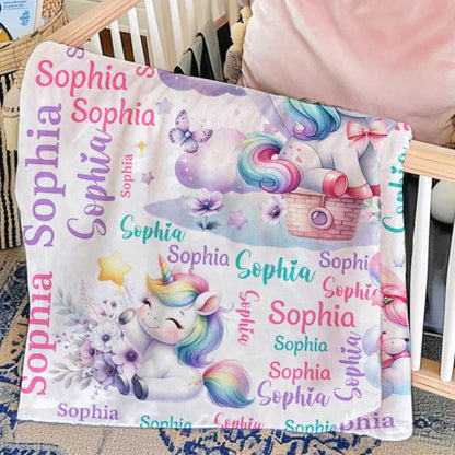 Personalized Cute Stars Rainbow Fantasy Unicorn Soft Throw Blanket with Name