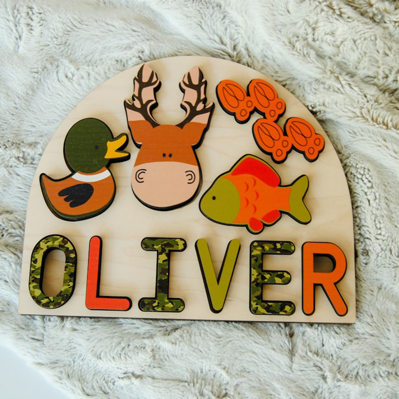 Sportsman name puzzle with deer, mallard duck and fish for kids