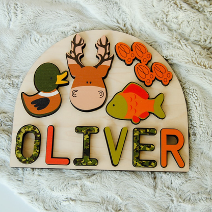 Sportsman name puzzle with deer, mallard duck and fish for kids