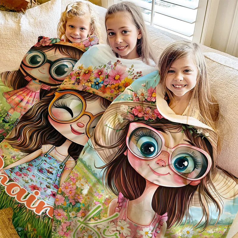 Personalized Cartoon Quirky Flower Girl Throw Blanket with Name