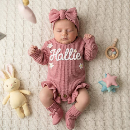 Hand Embroidered Name Baby Romper Set,Personalized Outfit