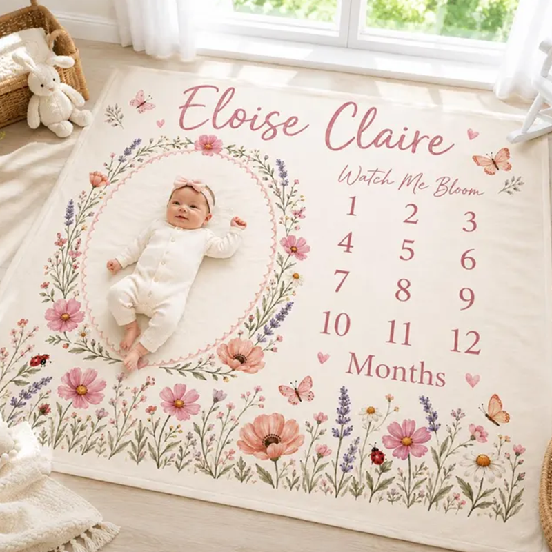 Personalized Floral Milestone Blanket, Custom Baby Girl Milestone Blanket