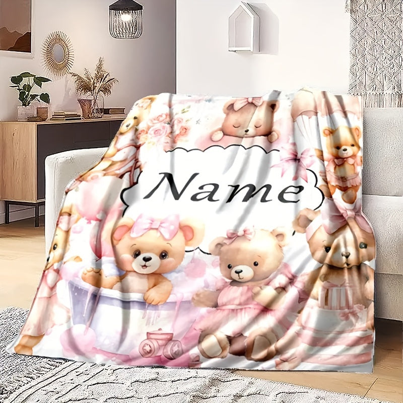 Personalized Name Design, Soft & Warm Cartoon Bear Print Blanket