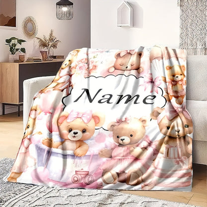 Personalized Name Design, Soft & Warm Cartoon Bear Print Blanket