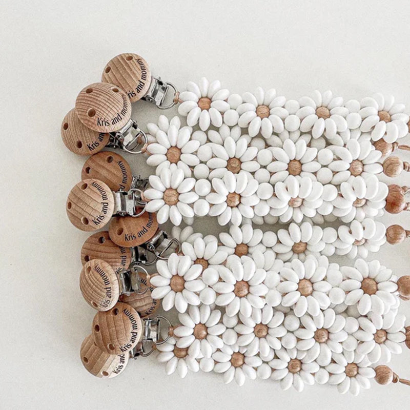 Personalized Flower Beaded Pacifier Clip Wooden Engraving