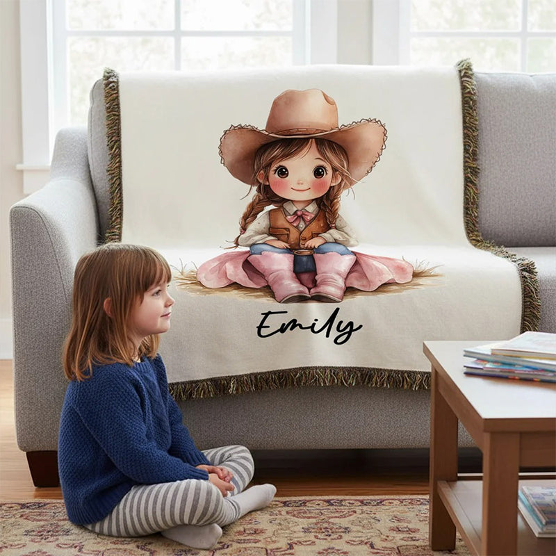 Personalized Cartoon Cowboy Tassel Blanket with Name