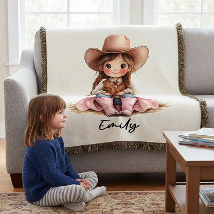 Personalized Cartoon Cowboy Tassel Blanket with Name