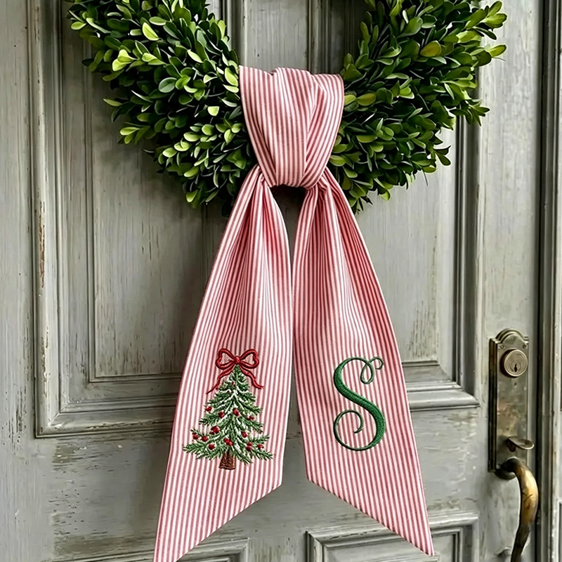 Santa Decor Personalized Christmas Wreath Sash, Stripe Front Door Ric Rac Bow