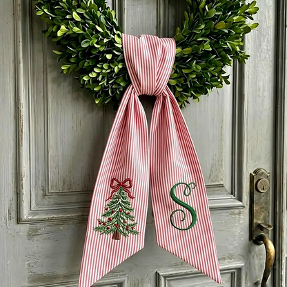Santa Decor Personalized Christmas Wreath Sash, Stripe Front Door Ric Rac Bow
