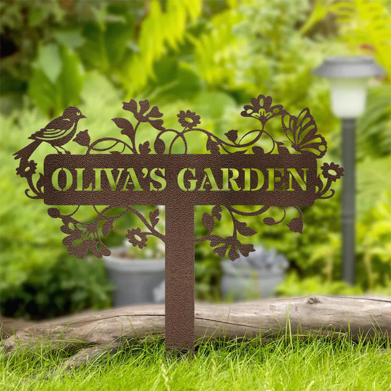 Custom Metal Garden Decor, Bird with Flower Garden Sign