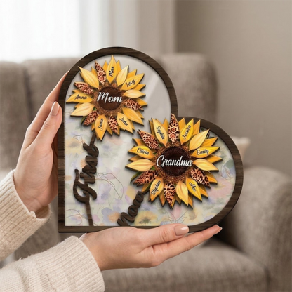 Custom First Mom Now Grandma Sign, Personalized Kid's Name SunFlower Wooden Art
