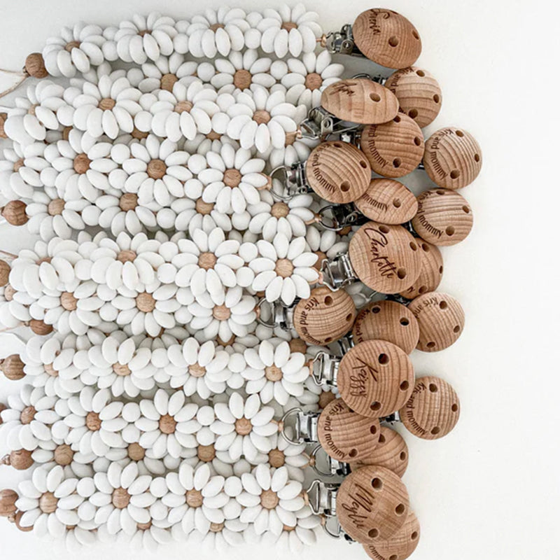 Personalized Flower Beaded Pacifier Clip Wooden Engraving