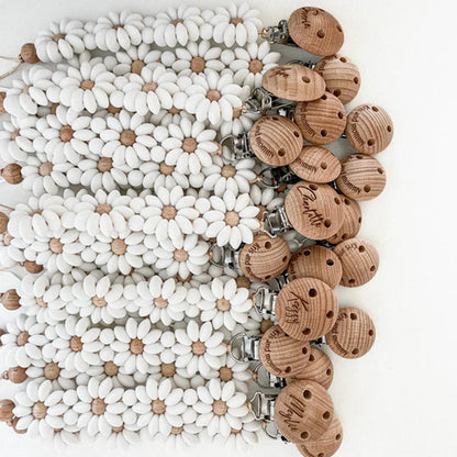 Personalized Flower Beaded Pacifier Clip Wooden Engraving