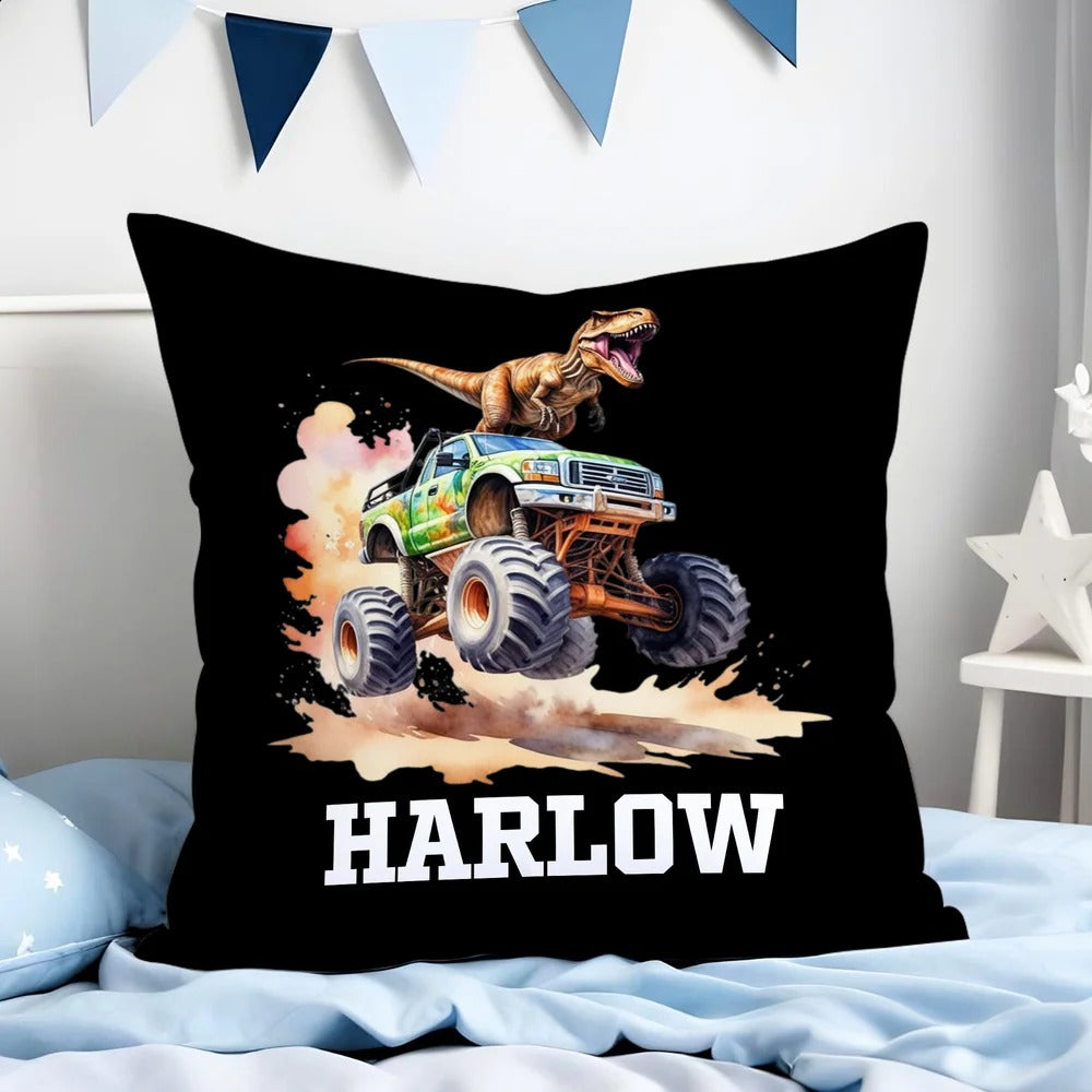 Personalized Dinosaur Truck Soft Throw Pillow