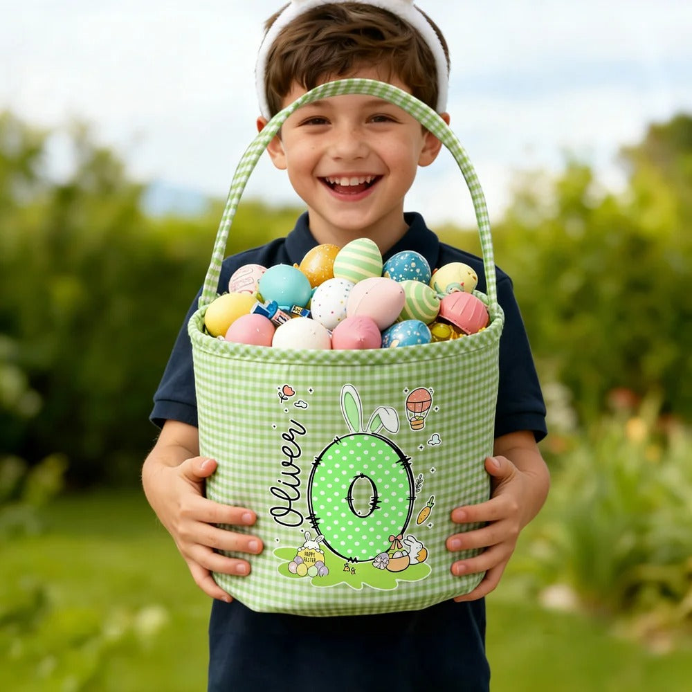 Personalized Cute Bunny Initial Flower Plaid Easter Basket with Name