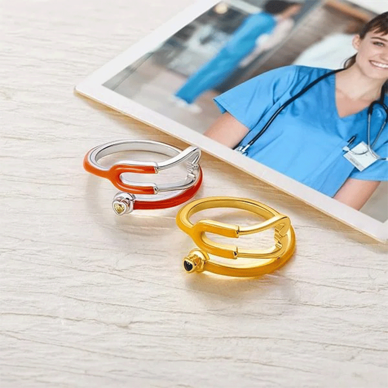 Personalized Multicolor Enamel Stethoscope Heart Birthstone Ring Nurses