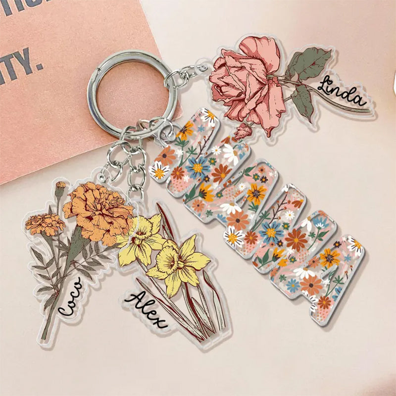 Personalized Mother's Day Gift For Mom, Custom Grandma Keychain With Birth Month Flowers