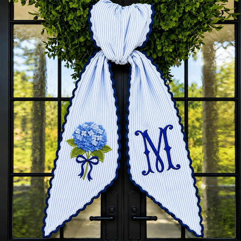 Hydrangea Wreath Sash, Door Decor, Ticking Stripe Front Porch Wreath Bow