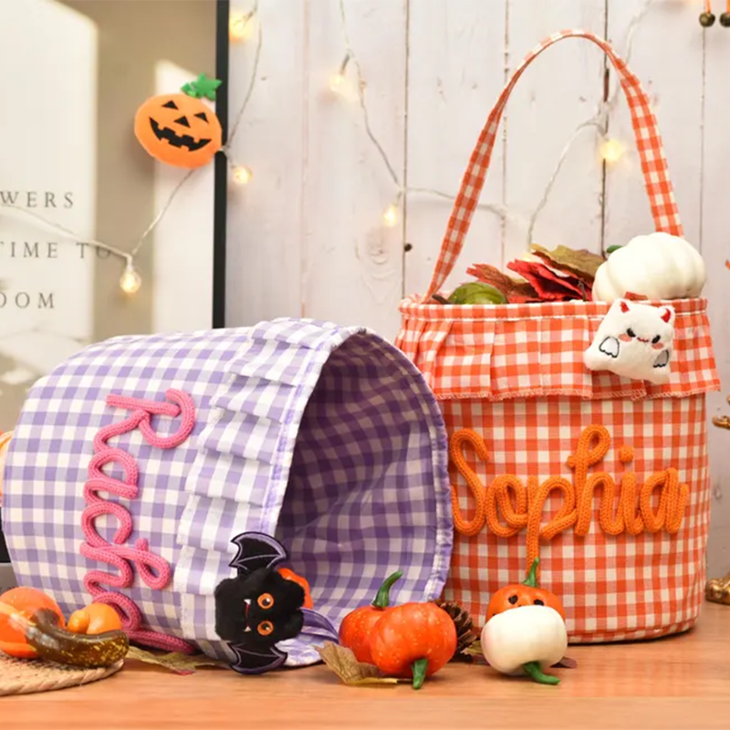 Halloween Basket Ruffle Personalized,Plaid Trick or Treat Bag with Custom Name