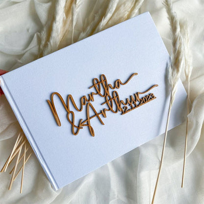 Personalised Linen Cover Wedding Guest Book With Wooden Text