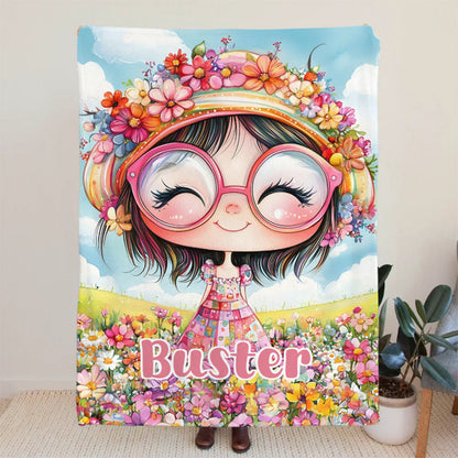 Personalized Cartoon Quirky Flower Girl Throw Blanket with Name