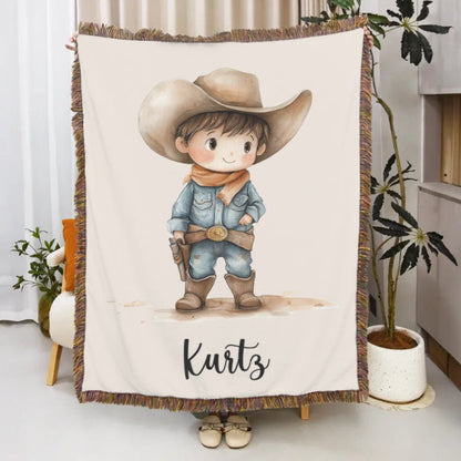 Personalized Cartoon Cowboy Tassel Blanket with Name
