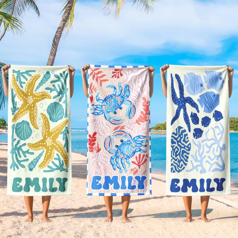 Personalized Retro Beach Towel, Marine Animal Beach Towel, Custom Name Towel