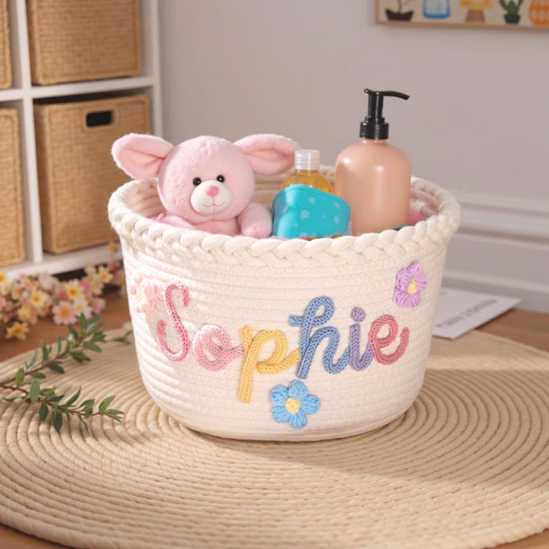 Personalized Knit Baby Basket · Monogrammed Newborn Girl Gift Basket