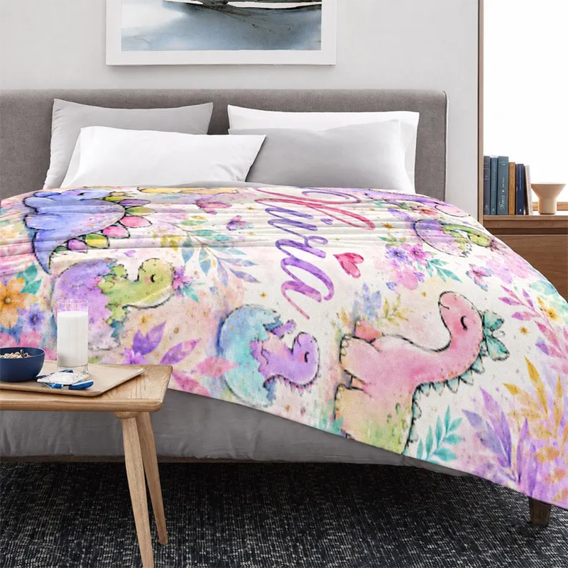 Personalized Dinosaur Blanket for Girls, Custom Baby Girl Name Blanket