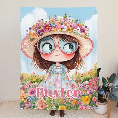 Personalized Cartoon Quirky Flower Girl Throw Blanket with Name