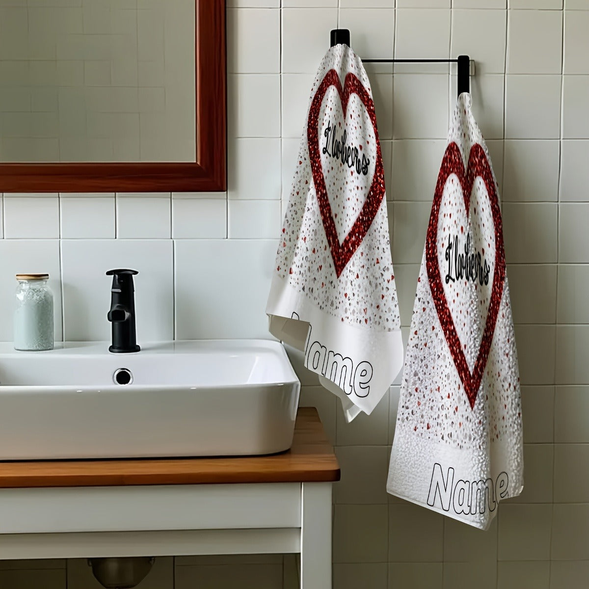 2pcs Personalized Red & White Glitter Heart-Shaped Towels with Custom Name